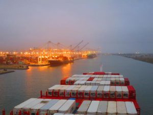 The long run into Oakland container terminal takes us into night time.