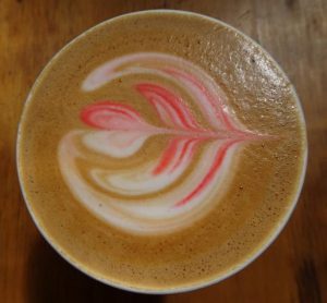 Grab a cuppa coffee! A customised Portland 'flat white' with its stand out red tinge! We all know in america plain is boring, its all about differentiation hey! 